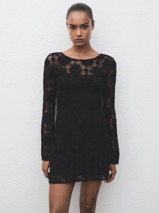 Mango Dresses & Skirts - Mango Crochet Mini Dress Open Back Long Sleeve Black Size 2 NWOT